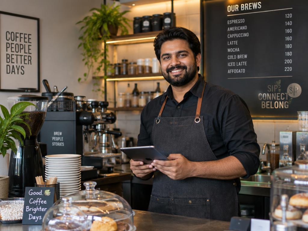 Cafe owner managing Stampyard from behind the counter